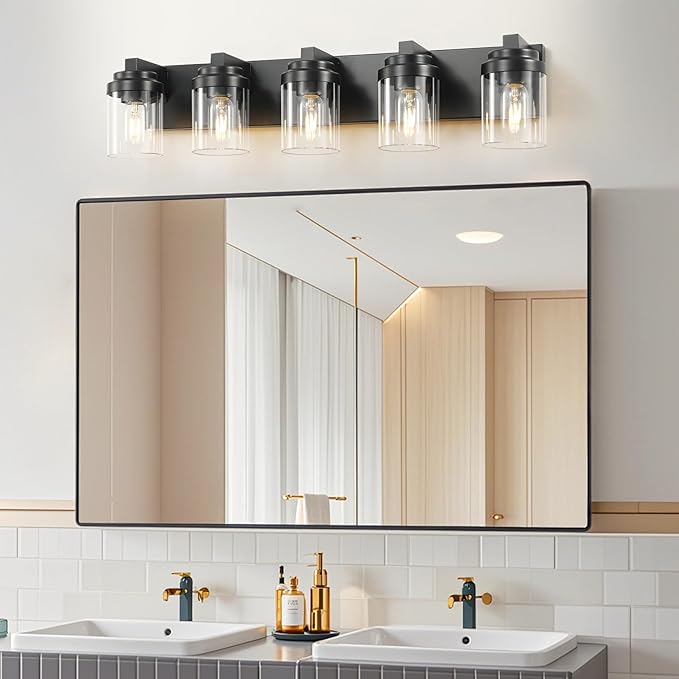 5-Light Bathroom Vanity Light Bathroom Light Fixtures Over Mirror, 31" Black Vanity Lights with Glass Shade, Modern Wall Sconce for Cabinet Porch Bedroom, Hallway E26