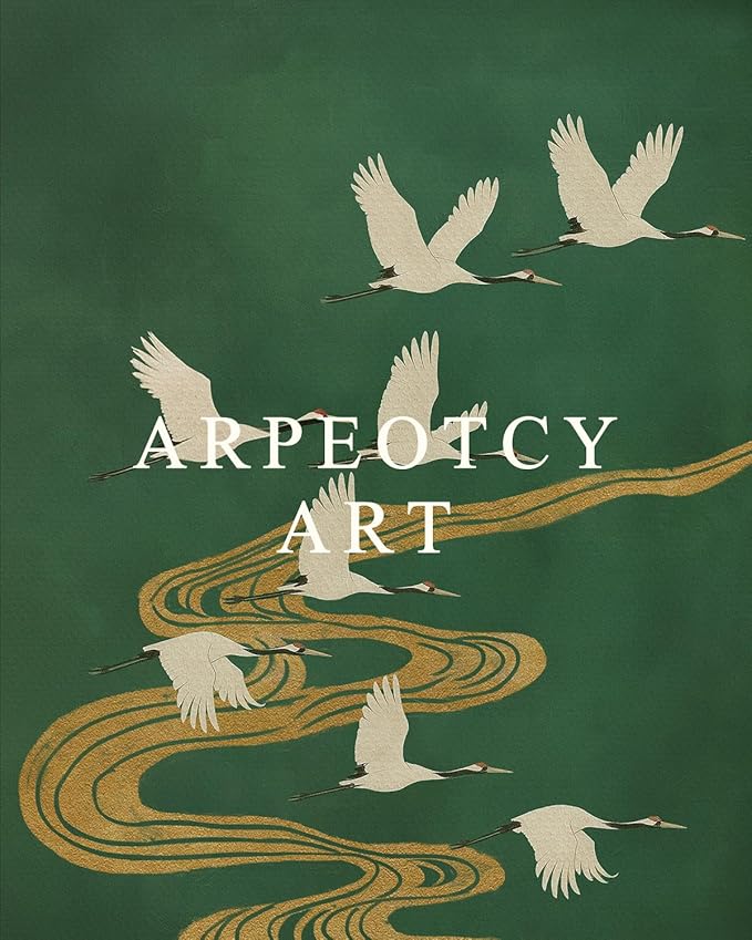 ARPEOTCY Vintage Gold Framed Wall Art Decor, 13x16 Inch Elegant Crane and Golden Stream Canvas Print, Oriental Bird Painting for Living Room Bedroom Office