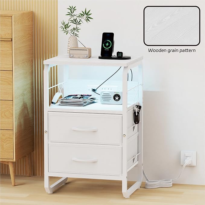 LED Nightstand, White Night Stand with Charger Station, Bed Side Table with Storage, Bedside Table with Drawers & Hooks, End Table with USB Ports & Outlets, Night Table for Living Room, Dorm