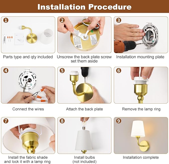 Modern Wall Sconces Set of 2, Hardwired Wall Lights with Flared White Fabric Shade, Brushed Gold Wall Lamps for Bedroom Bedside Stairway Bathroom Living Room(ETL Listed)