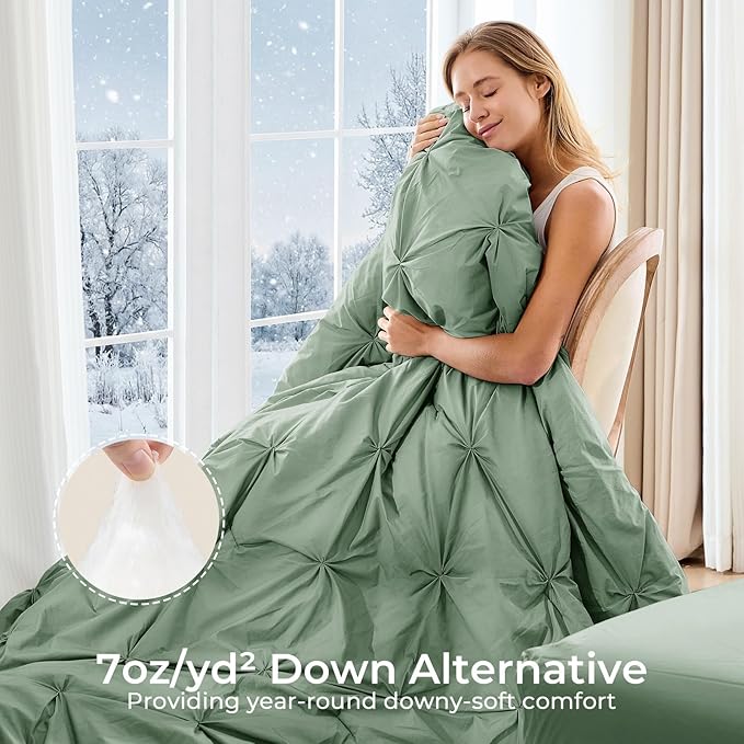 Sasttie Queen Comforter Set, 7-Piece Bed in a Bag, Pintuck Bedding Sets for All Season, Includes Comforter, Flat Sheet, Fitted Sheet, Pillowcases and Pillowshams, Sage Green