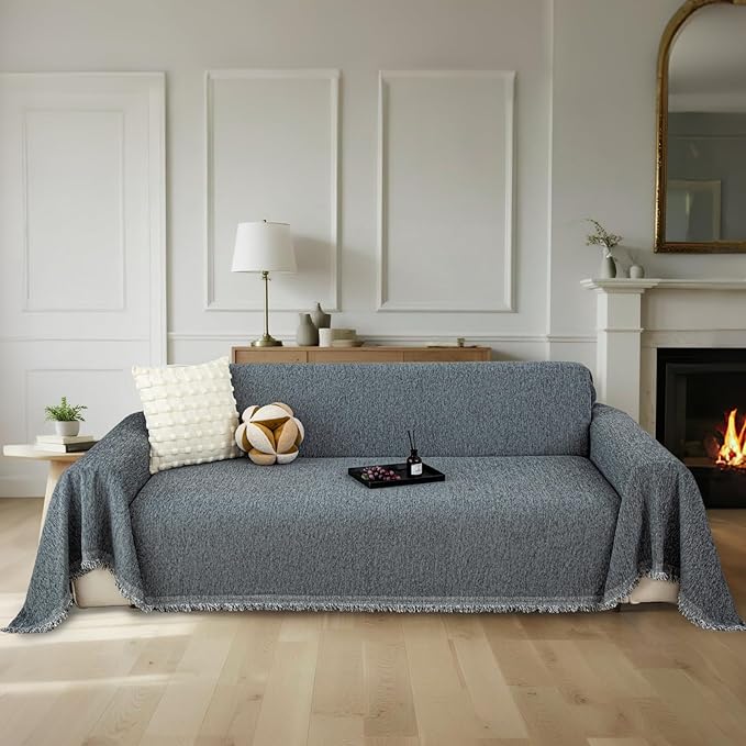 Couch Cover for Dogs, Non Slip Sofa Cover, Washable Couch Covers, 2 Cushion Sofa for Dogs Furniture Protector with Tassels Chenille Sofa Covers for Pets (Vertical Pattern Dark Gray)