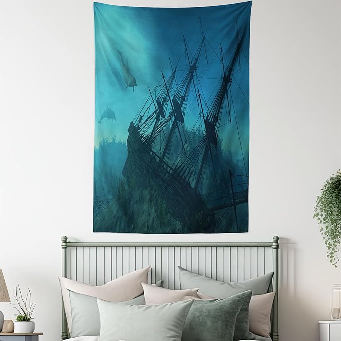 Ambesonne Nautical Tapestry, Dolphins Ruined and Wreckage Underwater Sunken Ship Mystery and Treasure Marine Style of an Artwork, Wall Hanging for Bedroom Living Room Dorm Decor, 40" X 60", Blue Teal