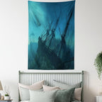 Ambesonne Nautical Tapestry, Dolphins Ruined and Wreckage Underwater Sunken Ship Mystery and Treasure Marine Style of an Artwork, Wall Hanging for Bedroom Living Room Dorm Decor, 40" X 60", Blue Teal
