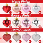 36 Pcs Valentine Heart Shaped Ornaments, Rose Gold Silver Pink Red Heart Ornaments for Mother's Day Christmas Wedding Anniversary Valentines Day Hanging Decorations