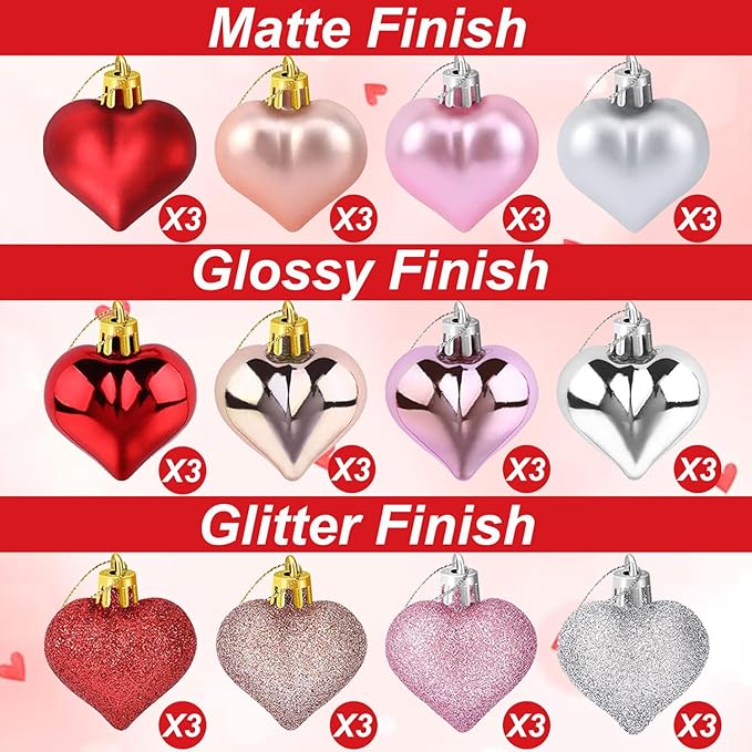 36 Pcs Valentine Heart Shaped Ornaments, Rose Gold Silver Pink Red Heart Ornaments for Mother's Day Christmas Wedding Anniversary Valentines Day Hanging Decorations