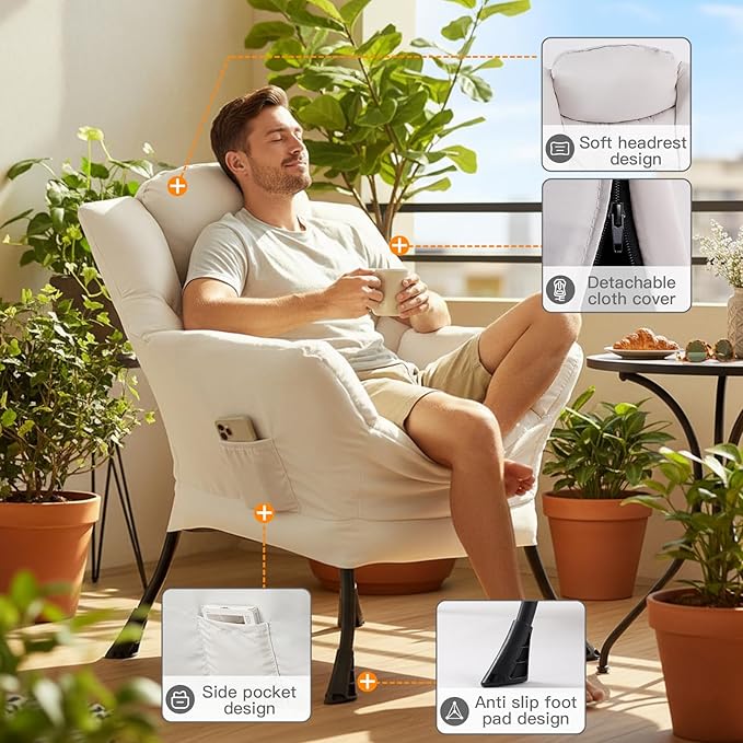 Lazy Chair for Living Room, Large Beige Lounge Accent Chair with a Throw Pillow, Leisure Sofa Chair Set, Comfy Reading Chair for Bedroom, Dorm Room, Office