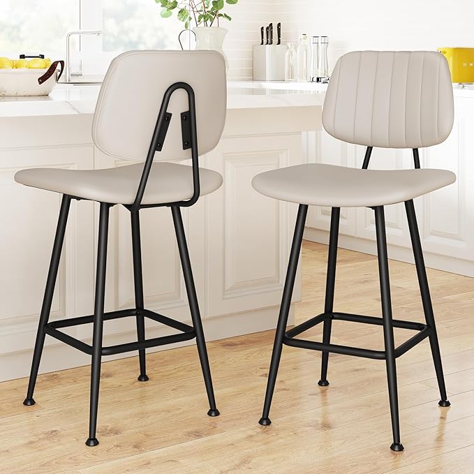 24-Inch Leather Bar Stools Set of 2, Counter Height Barstools with High Backrest，Bar Chairs for Kitchen Island with Heavy Duty Metal Base, Beige