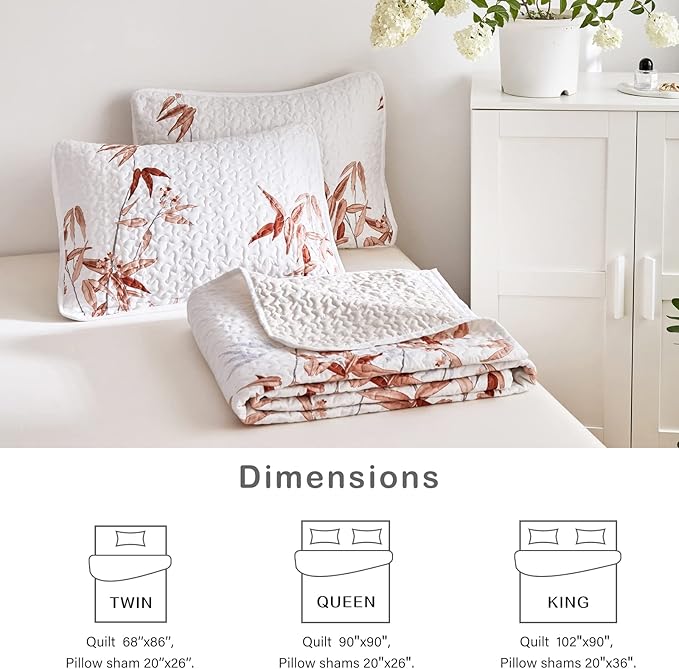 Botanical Quilt Set 3 Piece Full/Queen, Burnt Orange Leaves on White Design Reversible Bedspread Coverlet Set, Soft Microfiber Lightweight Bed Cover for All Season (90" x 90", 1 Quilt+ 2 Pillow Shams)