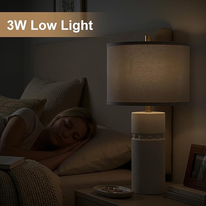 24" Ivory Modern Ceramic Bedside Table Lamps Set of 2, Boho Tables Lamps for Living Room with 3-Way Dimmable Bulb, Rustic Nightstand Lamp with Linen Shade for Bedroom Office (Bulbs Included)