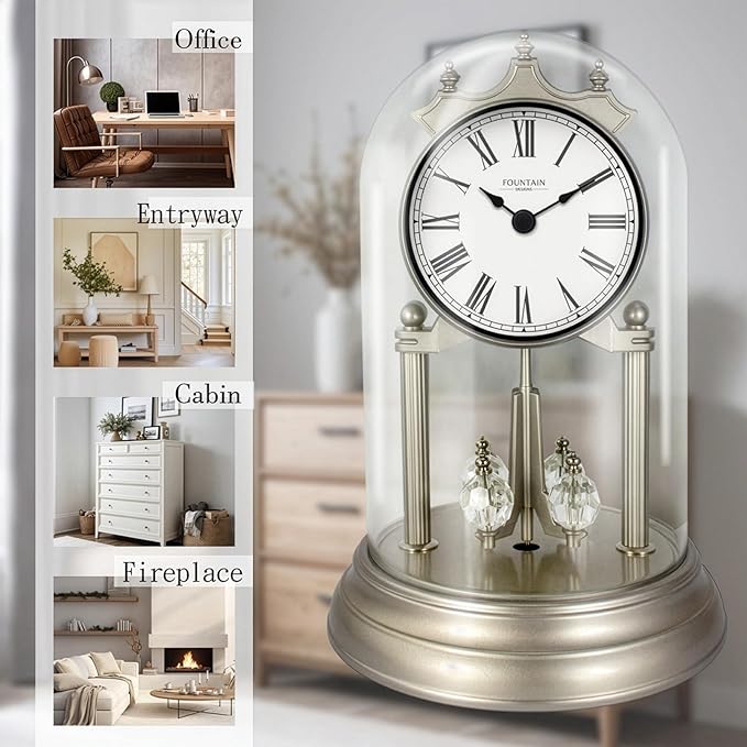 9" Genevieve Mantel Clock with Revolving Pendulum, 50th Anniversary Clock Glass Dome, Wedding Gifts, Desk & Shelf Clock for Living Room Fireplace Decor (Morning Sliver)