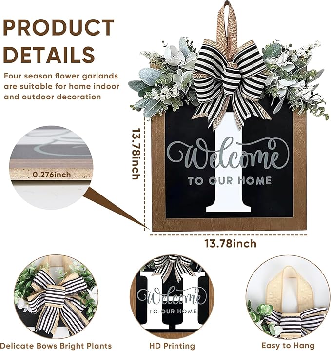 Ultra Large 14'' Last Name All Year Round Front Door Wreath with 26 Initial Letter Welcome Sign All Seasons Eucalyptus Garland and Bow Wreaths for Front Door Porch Farmhouse Decoration (I)