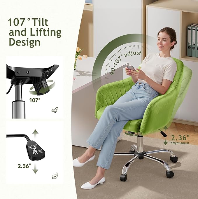 Warmiehomy Velvet Desk Chair for Home Office, Modern Adjustable Swivel Task Chair, Women Vanity Chairs with Arm Rest for Bedroom Dressing Room, Light Green