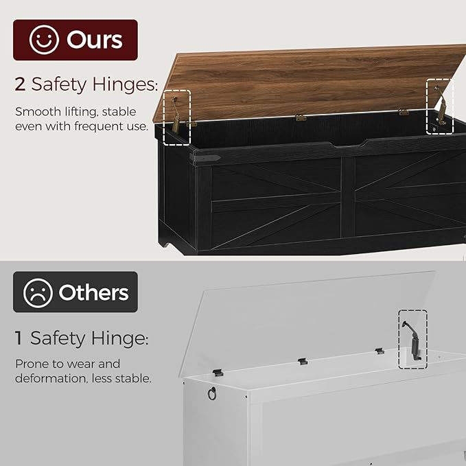 Large Toy Chest, 47.2" Wooden Toy Box with 2 Safety Hinges, Farmhouse Style Storage Bench, Blanket Storage Chest for Living Room, Entryway, Bedroom, Black+Walnut SCHZ18601
