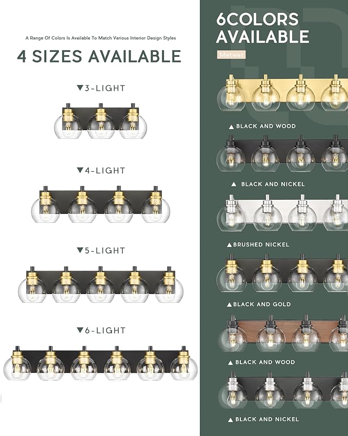 Bathroom Light Fixtures, 4-Light Black and Gold Bathroom Vanity Light, 26 Inch Modern Wall Sconces with Globe Clear Glass Shade, Vanity Lighting Fixtures Over Mirror, VL195-KG-4