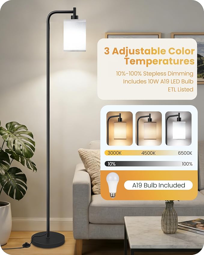 Dimmable Floor Lamp for Living Room with Remote and Foot Switch, Modern Standing, Corner Lamp,10W Bulb 3 Color Temperatures, for Bedroom, Office, ETL Listed, Black and White CW19LD05
