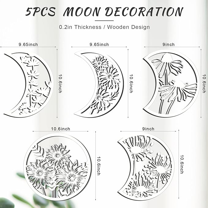 Jetec 5 Pcs Moon Phase Wall Art Decor Wall Pediments Hanging Wooden Phase Spiritual Bedroom Nordic Boho Lunar Aesthetic Art for Living Room Dorm Apartment Ornament(White,10.6 Inch,Flower)