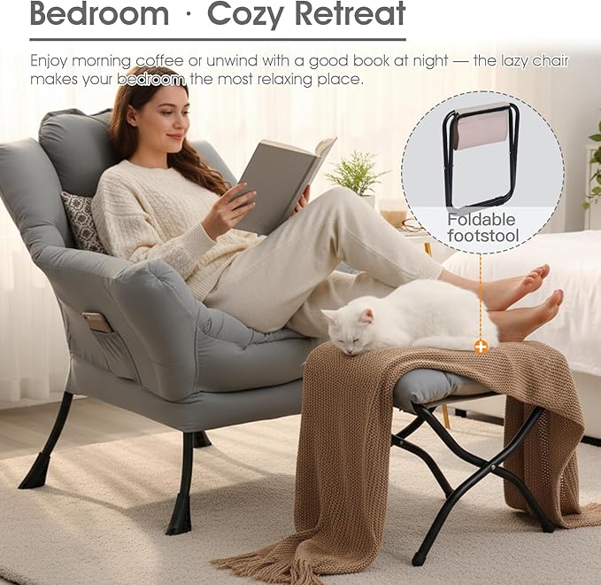 Lazy Chair with Ottoman, Large Lounge Accent Chair with Ottoman and a Throw Pillow, Light Gray Reading Chair for Living Room Bedroom Dorm Room Office Apartment Relaxing Use