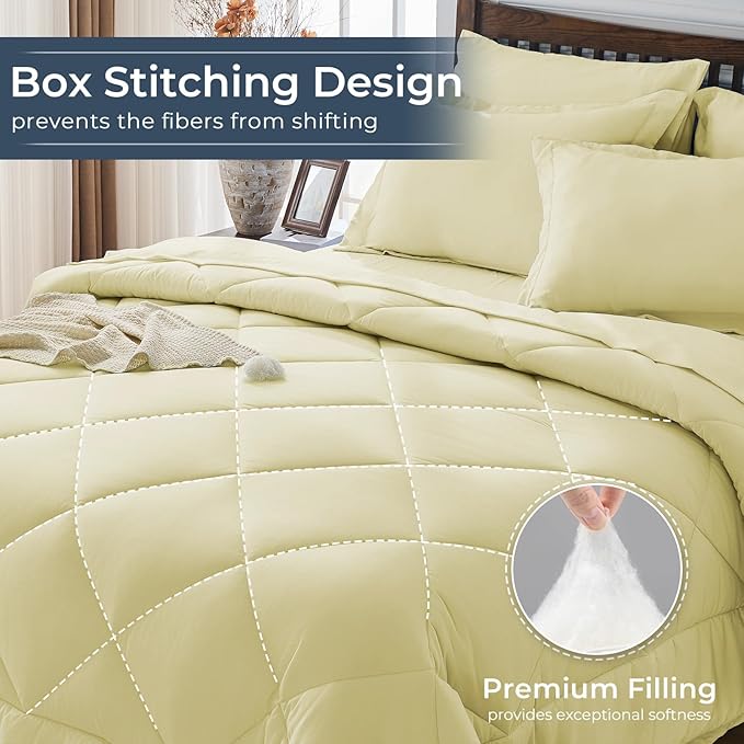 HEVUMYI Cream Yellow Twin Comforter Set - 5-Piece All Season Bed in a Bag Twin, Ultra Soft Bedding Set with Comforter, Flat Sheet, Fitted Sheet, Pillowcases, Pillow Shams
