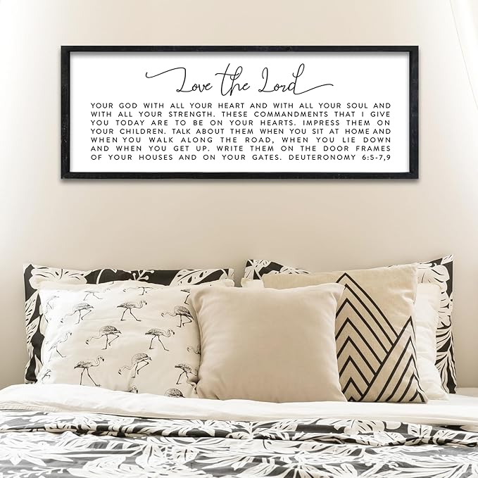 Surfapans Bible Verse Wall Decor Love The Lord Your God sign 32"×12" Christian Scripture Faith Deuteronomy 6:5-7,9 Religious Baptism Large Family Plaque Horizontal Wood Framed Hanging Art (Black)