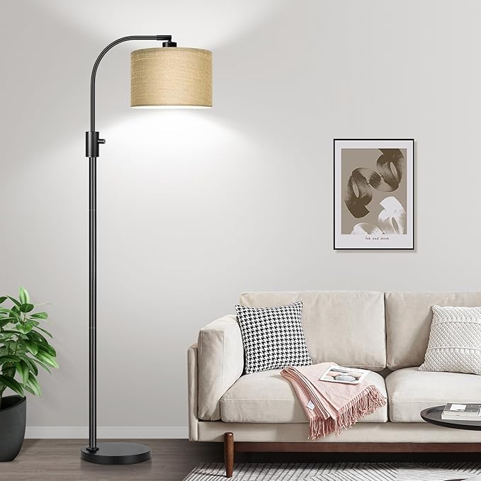 【Upgraded】 Dimmable Matte Black Floor Lamp, 1201 Lumens LED Bulb Included, Arc Floor Lamps for Living Room Modern Standing Lamp with Champagne Linen Shade, Tall Lamp for Living Room Bedroom Office