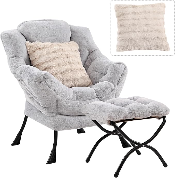 Lazy Chair with Ottoman, Large Light Grey Lounge Accent Chair with Ottoman and FA Throw Pillow, Comfy Plush Reading Chair for Living Room Bedroom Dorm Room Office Apartment Relaxing Use