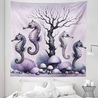 Ambesonne Purple Tapestry Queen Size, Dried Tree with Mushrooms in Lilac Color Palette and Huge Seahorse Prints, Wall Hanging Bedspread Bed Cover Wall Decor, 88" X 88", Mauve and Lavender