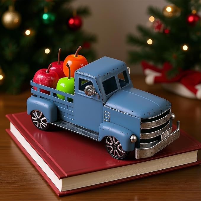 Metal Truck Decor with Christmas Fruit, Blue Vintage Farm Pickup Farmhouse Tabletop Tiered Tray Decorations, Rustic for Home Kitchen Table Top (Light Blue)