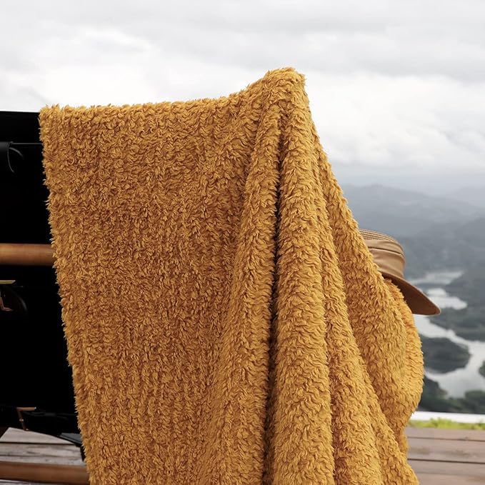Ultra Soft Cozy Sherpa Throw Blanket, Light Weight Warm Decorative Throw Blanket with Tassel, Mustand Yellow Pattern Reversible Boho Style Blanket for Sofa, Couch, Bedroom,Travel, 60”x80”
