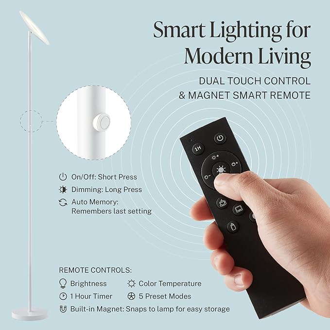 LED Torchiere Floor Lamp, 3200LM, 71" Tall Modern Torchiere Lamp in Pearl White, Stepless Dimming, Remote & Touch Control, Super Bright Light for Living Room and Bedroom, Heavy Stable Base