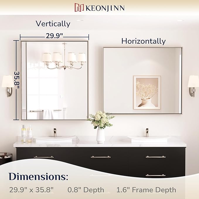 Keonjinn 30 x 36 in Brushed Nickel Bathroom Mirror for Over Sink, Rectangular Silver Metal Framed Rectangular Vanity Wall Mirror Square Corner Modern Farmhouse Rectangle Mirror(Horizontal/Vertical)
