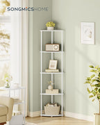 SONGMICS HOME Superfast Toolless Assembly, Corner Shelf Stand, 5-Tier Corner Standing Shelf, Living Room, Bedroom, Kitchen, 15 x 10.6 x 54.7 Inches, Snow White ULBC610W01