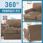 H.VERSAILTEX Sofa Cover 4 Piece T Cushion Sofa Slipcovers Thick Velvet Couch Cover Stretch T Cushion Sofa Covers for 3 Cushion Couch with 3 Individual T Cushion Covers, Mocha