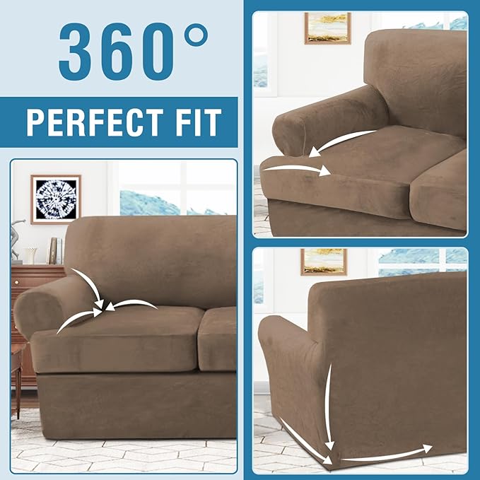 H.VERSAILTEX Sofa Cover 3 Piece T Cushion Loveseat Slipcovers Thick Velvet Couch Cover Stretch T Cushion Sofa Covers for 2 Cushion Couch with 2 Individual T Cushion Covers, Mocha