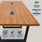 Sturdy Conference Table with Cable Management Grommets Modern Rectangle Office Meeting Table with Wood Tabletop and Metal Frame & Legs- Easy Assembly Boardroom Table (Natural, 12 Foot)