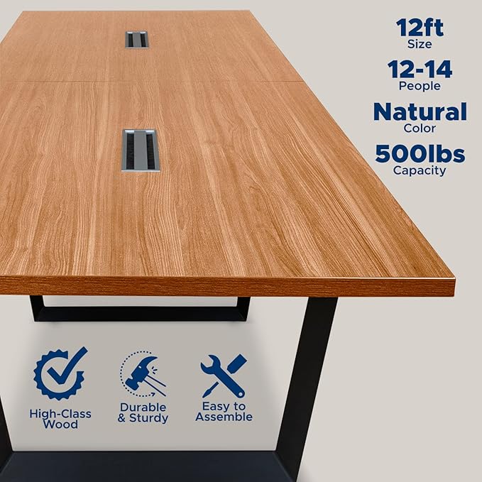 Sturdy Conference Table with Cable Management Grommets Modern Rectangle Office Meeting Table with Wood Tabletop and Metal Frame & Legs- Easy Assembly Boardroom Table (Natural, 12 Foot)