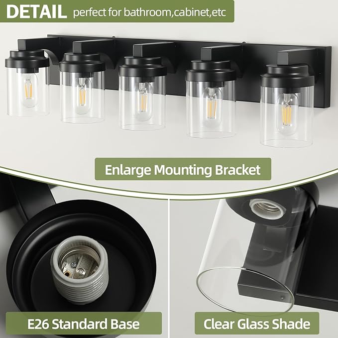 5-Light Bathroom Vanity Light Bathroom Light Fixtures Over Mirror, 31" Black Vanity Lights with Glass Shade, Modern Wall Sconce for Cabinet Porch Bedroom, Hallway E26