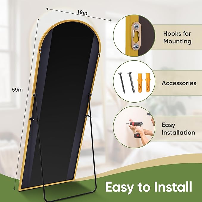 Full Length Mirror, 59"x19" Arched Full Body Mirror, Oversized Floor Mirrors, Leaning Free Standing Mirrors, Hanging Mounted Large Mirrors for Bedroom Dressing Room, Cloakroom, Gold