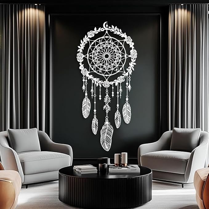 Maclou Metal Dream Catcher Wall Decor, Metal Feather Wall Art, Boho Dream Catcher Wall Decor for Living Room, Bedroom, Girls Room (White,35x17 inch / 90x42 cm)
