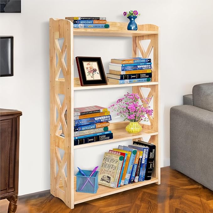 Natural Bookcase by Natural Wood, 4 Tier Bookshelf, Small Book Shelves Freestanding Display Storage Shelves. Open Bookshelf for Bedroom, Living Room and Office (Natural, 4 Tier)