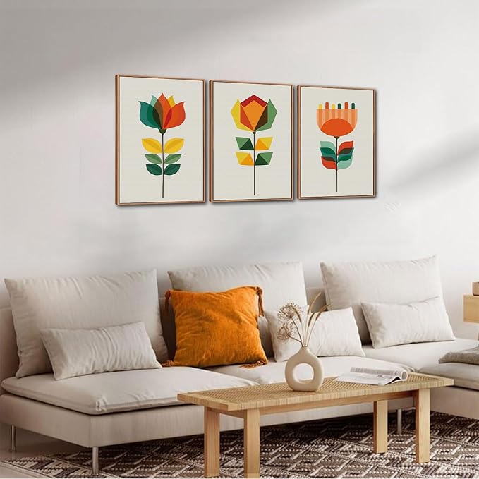 CHDITB Abstract Floral Framed Canvas Wall Art, Large Aesthetics Geometry Flowers Wall Decor, Neutral Geometric Lines Wall Painting, Modern Floral Art Prints for Living Room Bedroom Office 16"x24"x3