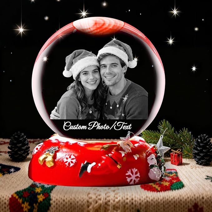Personalized Christmas Crystal Ball with Light Customized Photo Snow Globe with Engraving Text Custom Ornaments Gifts for Family Couples Friends (Christmas Base)