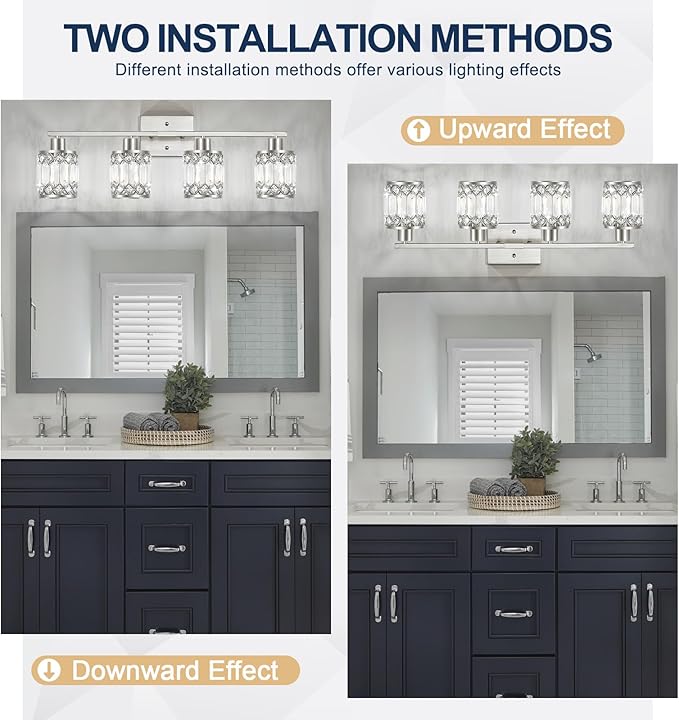 Crystal Modern Bathroom Light Fixtures, 4-Light Brushed Nickel Bathroom Vanity Wall Light, Vanity Lights for Mirror, Restroom, Bedroom (E26 Socket, Bulbs Not Included)
