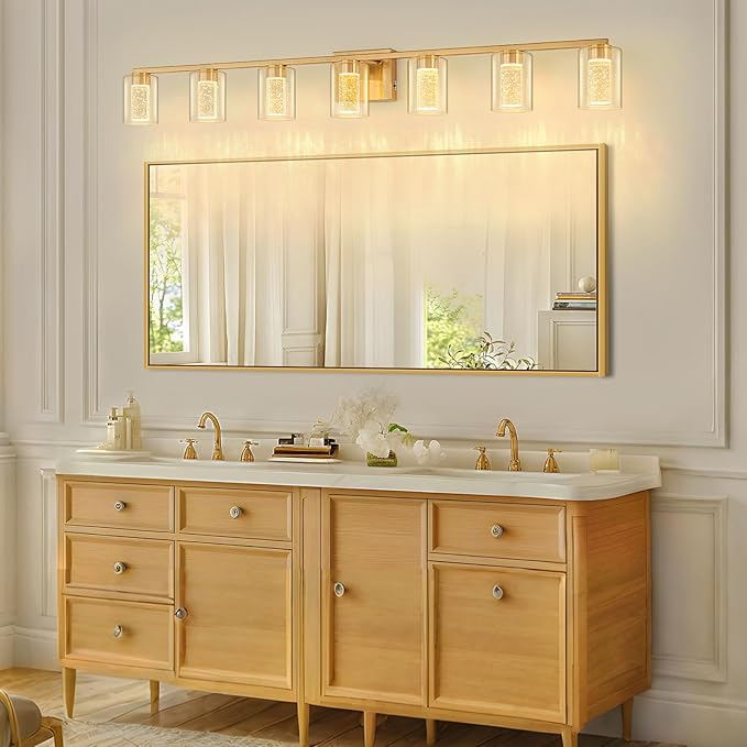 SineRise 7-Light Gold Vanity Light with 3 Color Modes (3000K/4000K/6000K), Eye Protection LED Bathroom Light Fixture, Dimmable Modern Wall Light Over Mirror with Clear Glass Shade