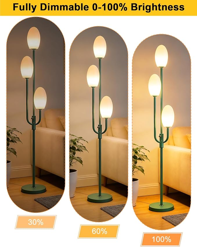 Lightdot 66IN Dimmable Floor Lamp 3-Lights Vintage Floor Lamps with Pebble-Shaped Shade& 3000K Warm White Bulbs for Wedding Party Modern Standing Tall Lamp for Living Room/Bedroom-Green