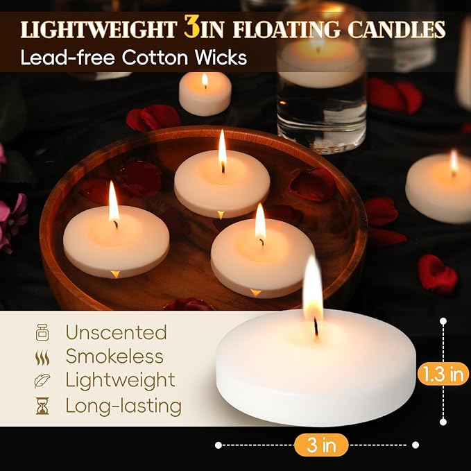3 inch White Floating Candles, 60 Pack Unscented Floating Candle,8-9 Hours Burning Floating Candles for Centerpieces, 3" Water Candles for Cylinder Vases, Wedding, Party
