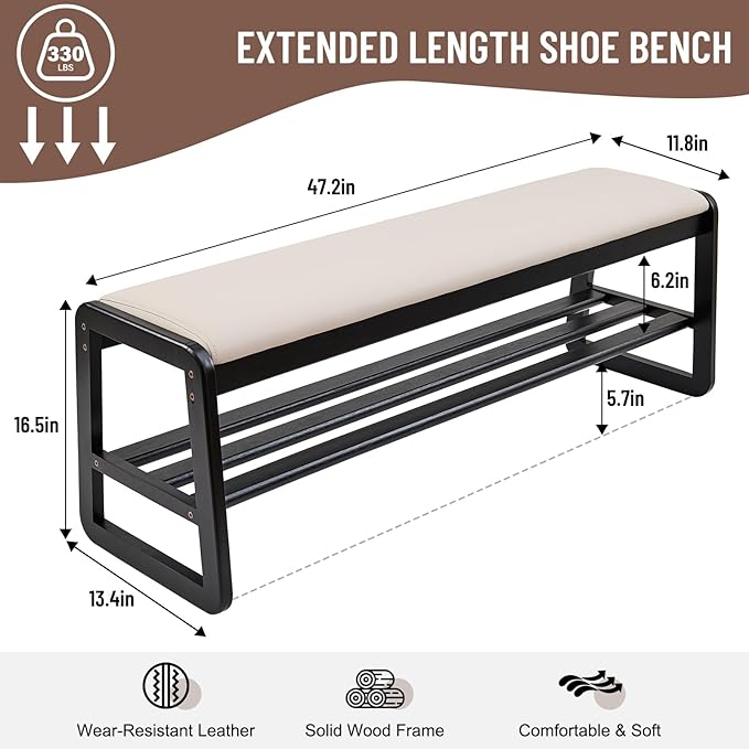 Uniclinens Wooden Shoe Rack Bench with Cushion, Solid Wood Narrow Entryway Bench 2-Tier, Long Shoe Storage Bench for Hallway Living Room, End of Bed Bench Bedroom(Black 47.2'')