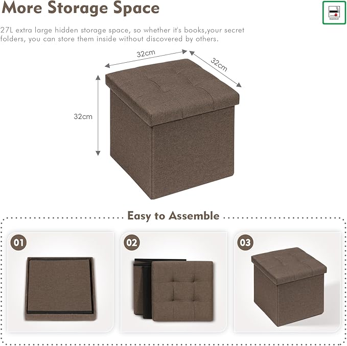 B FSOBEIIALEO Storage Ottoman Cube, Folding Footrest for Living Room Seat, 12.6"X12.6"X12.6" (Linen Brown)
