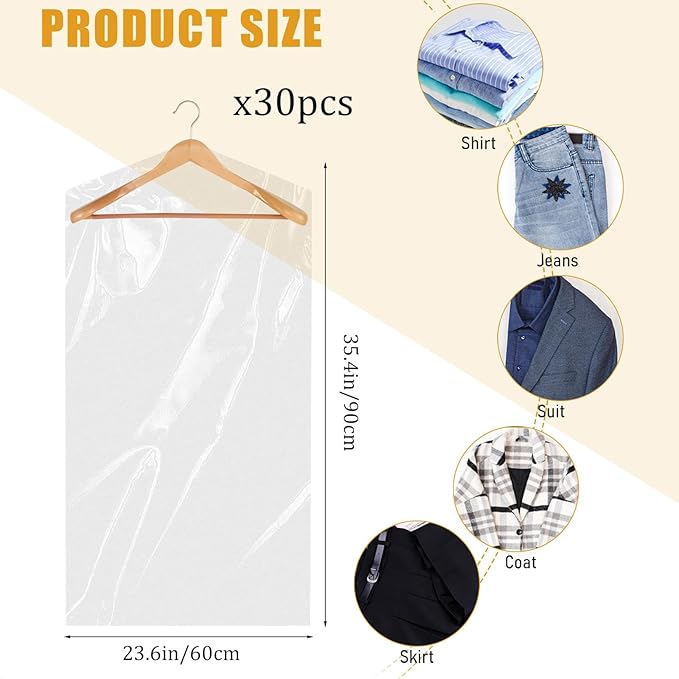 30 Pack Clear Garment Bags 23.6 x 35.4 inch Plastic Clothes Covers for Hanging Clothes Transparent Dry Cleaner Bags Dust-proof Clothing Protector Covers for Closet Storage Home Laundry