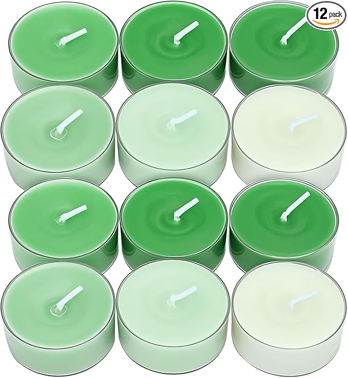 Honoson 12 Pack Green Tea Lights Candles Green Round Tea Light Natural Wax Scented 6 Scents Conversation Candle for Spring Easter Wedding Engagement Gifting Aromatherapy Anniversary Summer Home Decor